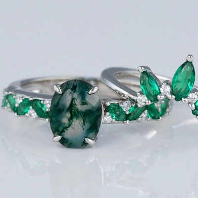 Moss Agate Emerald Ring Set, fede nuziale di promessa del regalo dei gioielli di anniversario