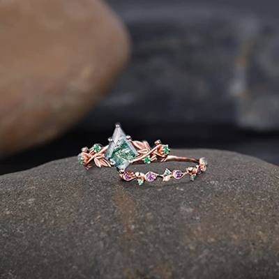 Foglia ispirata naturale solida Moss Agate Jewelry Cluster Emerald di Rose Gold 1.25ct acquatico