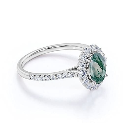 Impegno ovale Ring Green Gemstone di alone di Moss Agate Moissanite Diamonds Floral