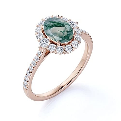 Impegno ovale Ring Green Gemstone di alone di Moss Agate Moissanite Diamonds Floral