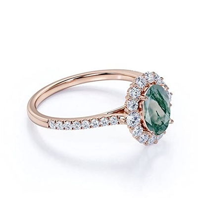 Impegno ovale Ring Green Gemstone di alone di Moss Agate Moissanite Diamonds Floral