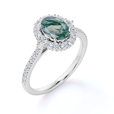 Impegno ovale Ring Green Gemstone di alone di Moss Agate Moissanite Diamonds Floral