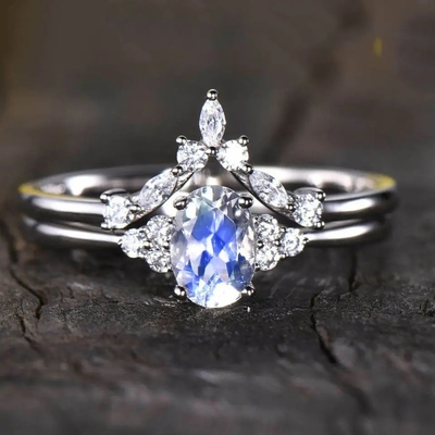 Nozze blu Ring Set di Moonstone dell'arcobaleno di 925 Sterling Silver Natural Stone Jewelry