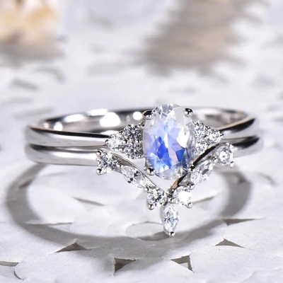 Nozze blu Ring Set di Moonstone dell'arcobaleno di 925 Sterling Silver Natural Stone Jewelry