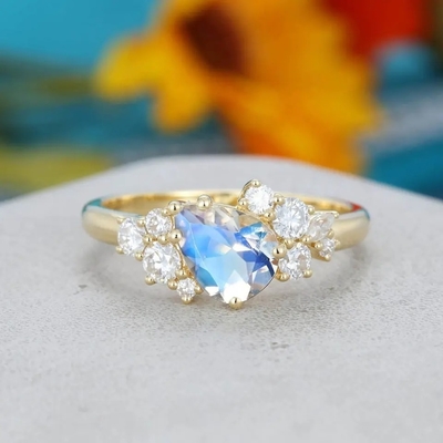 regalo antico nuziale di anniversario di promessa dell'oro giallo 14K per l'anello di fidanzamento a forma di pera di Moonstone delle donne
