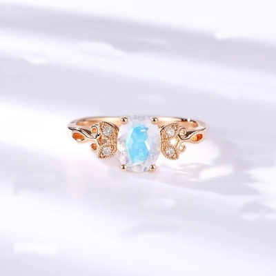 Anello blu genuino 925 Sterling Silver Plated Rose Gold di Moonstone dei gioielli di modo