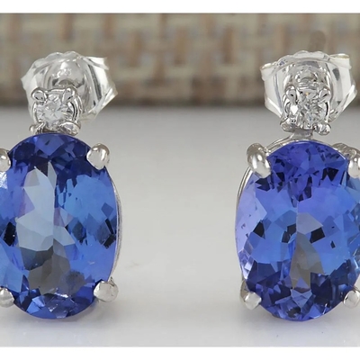 orecchini naturali genuini di Tanzanite di ovale dell'oro bianco 14k con la CZ