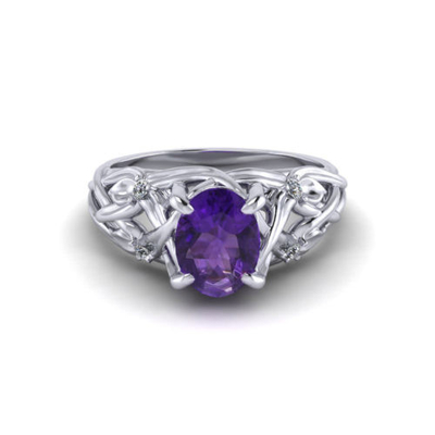 Oro bianco ametista floreale di Ring In 14k, ametista di 6x8mm, diamante .06cttw