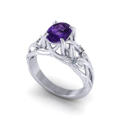 Oro bianco ametista floreale di Ring In 14k, ametista di 6x8mm, diamante .06cttw