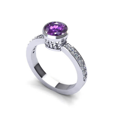 Oro bianco ametista floreale di Ring In 14k, ametista di 6x8mm, diamante .06cttw