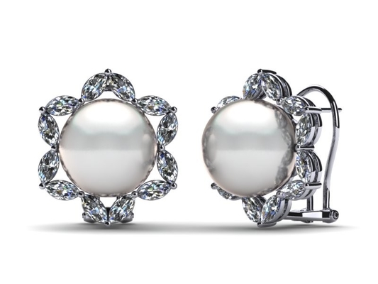 gioielli dell'oro bianco 14K &amp; perla coltivata d'acqua dolce bianca Marquise Earring