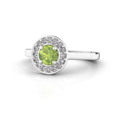 Anello di alone del platino di alone con un grande Peridot abbracciato dalle più piccole pietre preziose graduate