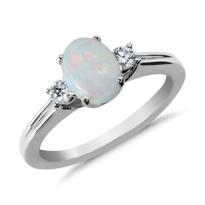 Opale ovale ed anello d'annata di stile di accento della CZ in oro bianco 10K