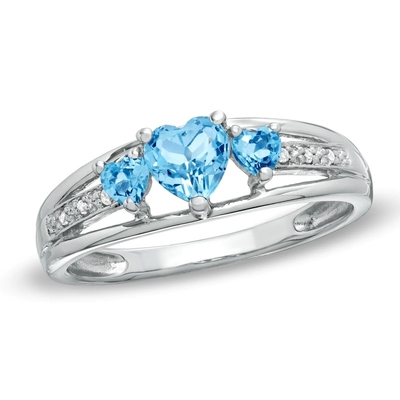Il cuore ha modellato l'oro bianco di pietra blu dell'anello 10K di promessa di accento della CZ e del topazio tre