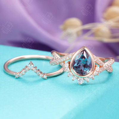 Insieme d'annata dell'anello di fidanzamento dell'alessandrite dell'oro di Rosa della fede nuziale di forma di 925 Sterling Silver Pear