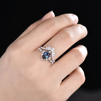 anelli della banda di nozze di Ring Set Tear Drop Alexandrite dei gioielli dell'oro bianco 14K