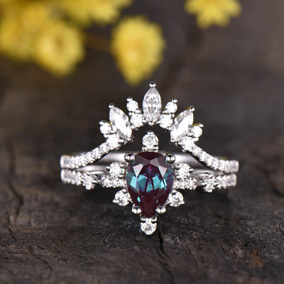 anelli della banda di nozze di Ring Set Tear Drop Alexandrite dei gioielli dell'oro bianco 14K