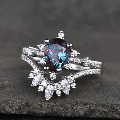 anelli della banda di nozze di Ring Set Tear Drop Alexandrite dei gioielli dell'oro bianco 14K