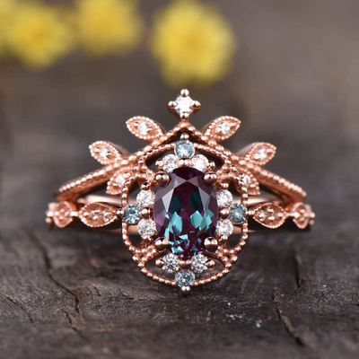 anelli della banda di nozze di Ring Set Tear Drop Alexandrite dei gioielli dell'oro bianco 14K