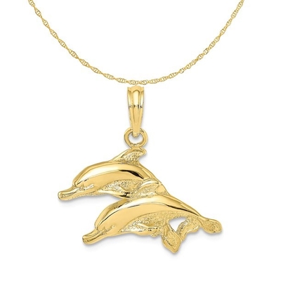 l'oro giallo 10K ha lucidato l'incanto inciso del pendente dei delfini con la collana leggera della catena della corda dell'oro giallo 14K
