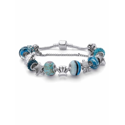 «Braccialetto di cristallo blu rotondo 8&quot; Silvertone di incanto della tartaruga e delle stelle marine di vita di mare» lunghezza