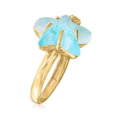 Anello di vetro veneziano blu delle stelle marine di Tagliamonte 16mm dell'italiano in oro 18kt sopra Sterling