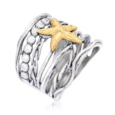 Anello di vetro veneziano blu delle stelle marine di Tagliamonte 16mm dell'italiano in oro 18kt sopra Sterling