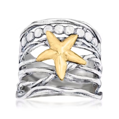 Anello delle stelle marine di Multi-fila dell'oro giallo 14kt e di Sterling Silver