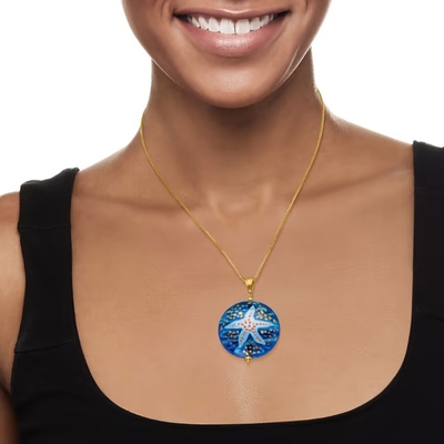 Pendente di vetro delle stelle marine di Murano dell'italiano in oro 18kt sopra Sterling