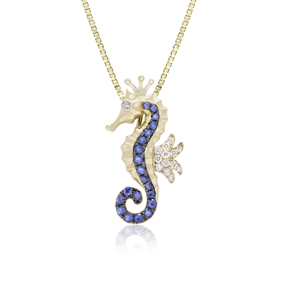 Oro giallo Sapphire Seahorse Pendant Necklace blu, gioielli di vita di mare di stile dell'oceano