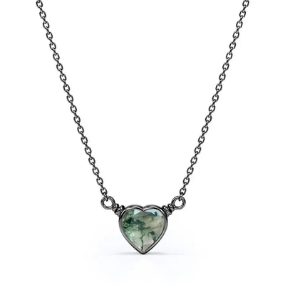 925 luce naturale semplice d'argento Moss Agate Necklace For Sale a forma di cuore verde elegante brillante