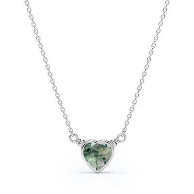925 luce naturale semplice d'argento Moss Agate Necklace For Sale a forma di cuore verde elegante brillante