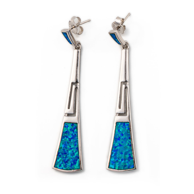 925 con gli orecchini greci 925 di chiave di meandro di Sterling Silver Blue Retro Opal con Sterling Silver