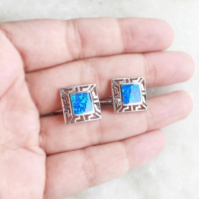 925 con il meandro opalino greco e Emerald Square Cufflink Earrings di Sterling Silver Bule