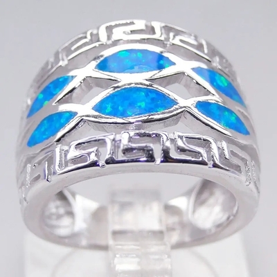 Gioielli blu di Sterling Silver Ring Blue Opal del solido 925 di Opal Greek Key Design Wraparound per gli uomini