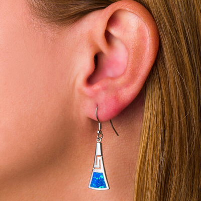 Retro Opal Greek Key Dangle Earrings gioielli blu di qualità di 925 Sterling Silver Meander Modern Design