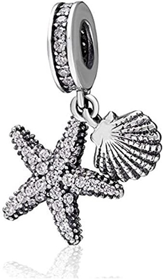 Stelle marine &amp; mare tropicali Shell Hanging Charm - 925 Sterling Silver Beads - braccialetto europeo di incanto della perla di stile