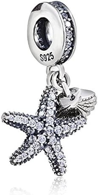 Stelle marine &amp; mare tropicali Shell Hanging Charm - 925 Sterling Silver Beads - braccialetto europeo di incanto della perla di stile