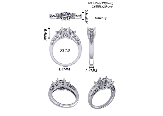 gioielli dell'oro solido di 0.8ct 14k, forcone che mette RD5.85mm Diamond Three Stone Ring