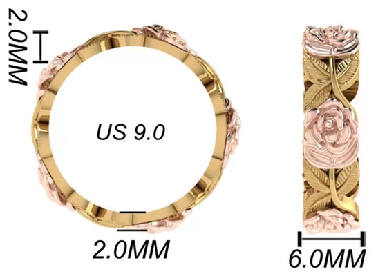 tri larghezza 6mm di Ring Thickness 2mm di impegno del fiore e della foglia di colore 14K