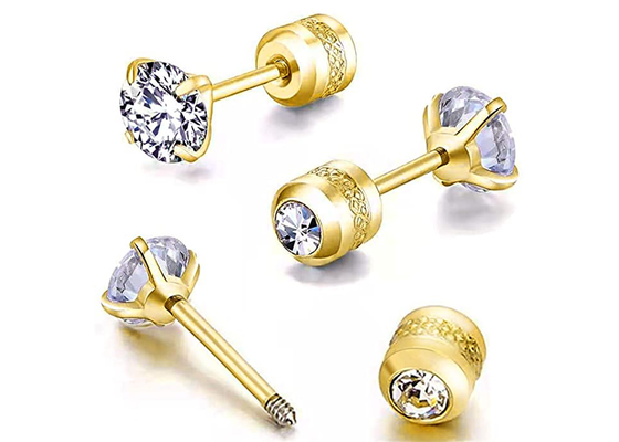 Orecchini posteriori piani del perno dell'oro ipoallergenico 14k con il diamante rotondo minuscolo 4mm di 2mm